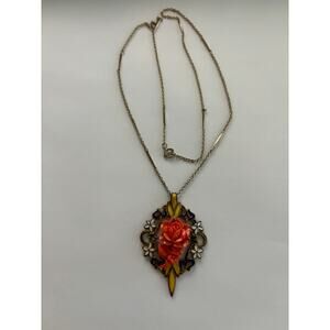 Vintage Molded Glass Coral Flower & Enamel Pendant Necklace